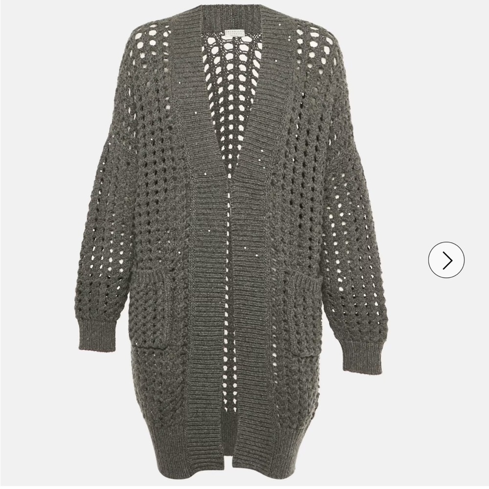 Brunello Cucinelli Open-Knit Pocket Cardigan in Gray